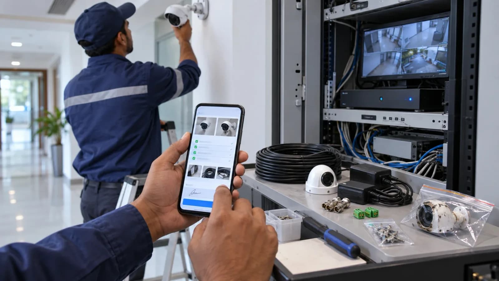 CCTV technician recording AMC inspection proof on mobile beside a DVR rack