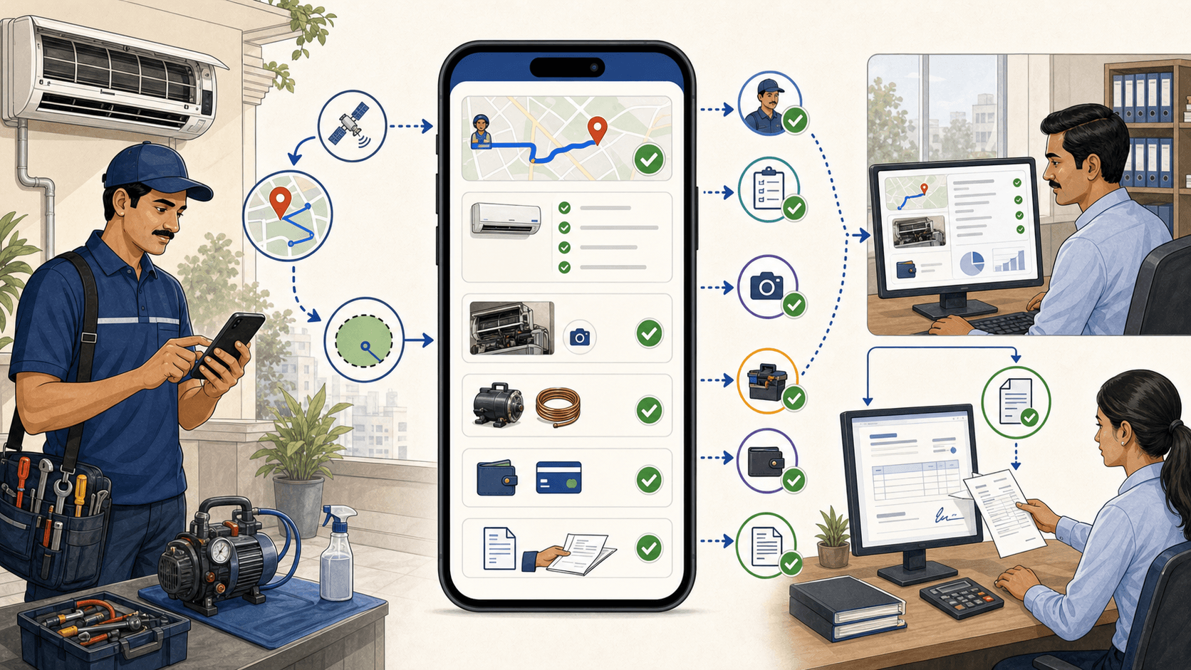 HVAC GPS tracking workflow showing technician location, AC job cards, attendance, proof, payments, and GST invoice handoff