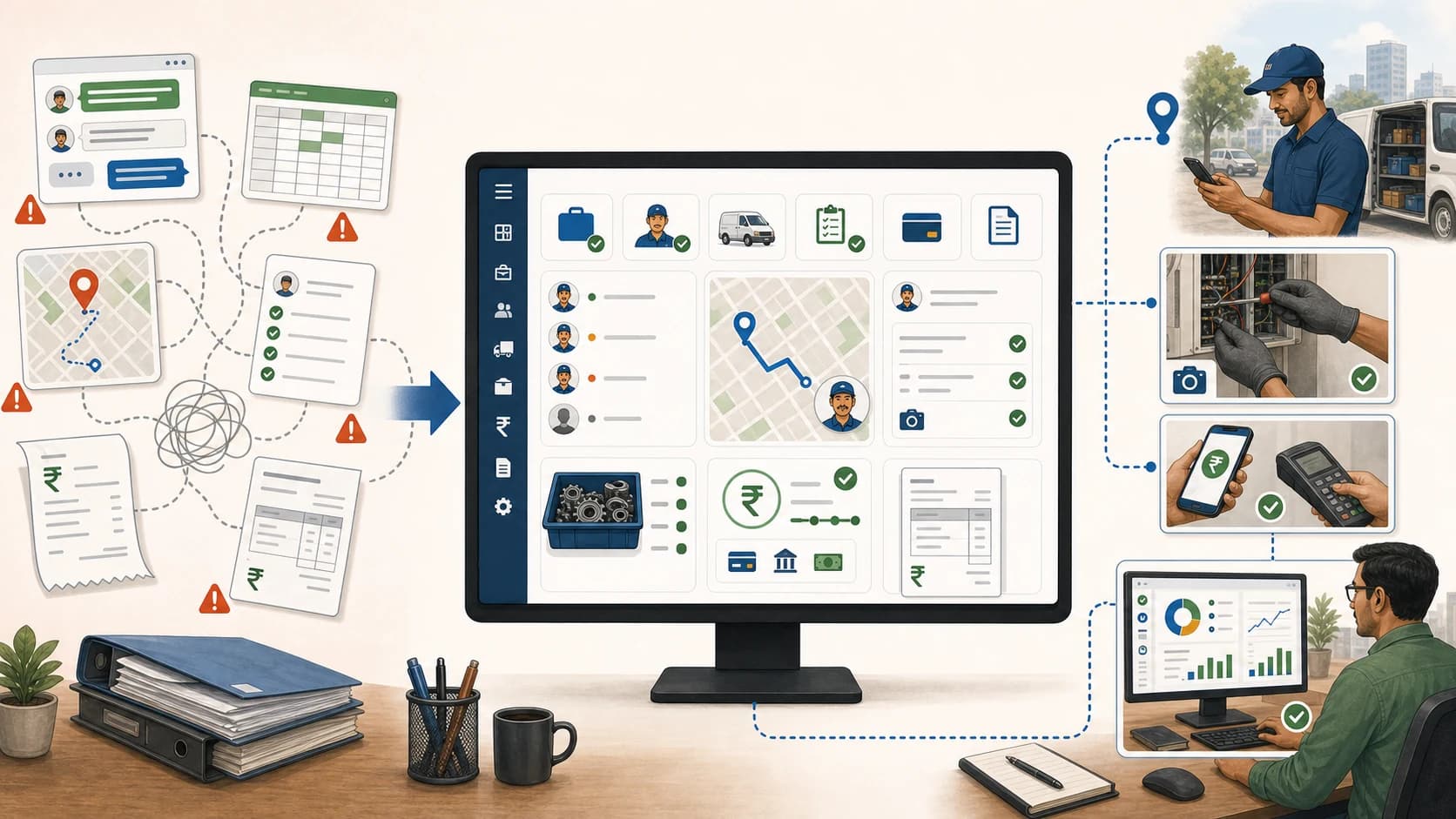 All-in-one field service management system replacing separate apps for dispatch, GPS, attendance, inventory, payments, GST billing handoff, and dashboard