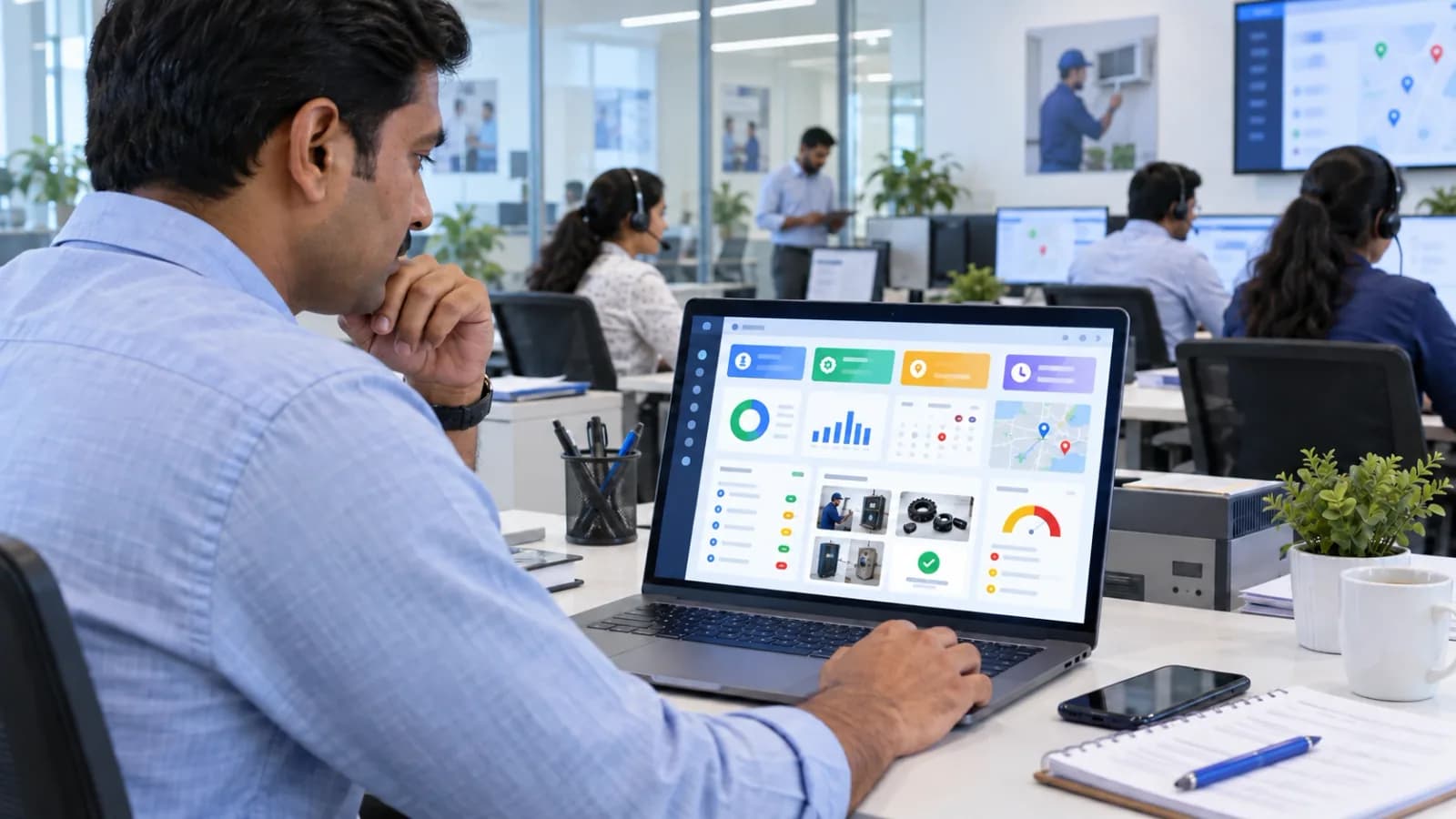 AMC service contract software dashboard for visits, proof, payments and renewal risk