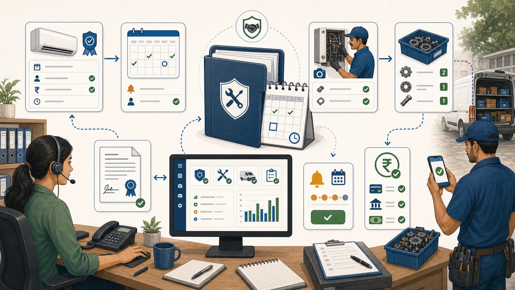 AMC service contract management workflow showing contract terms, scheduled visits, technician proof, parts, payment status, renewal follow-up, and dashboard