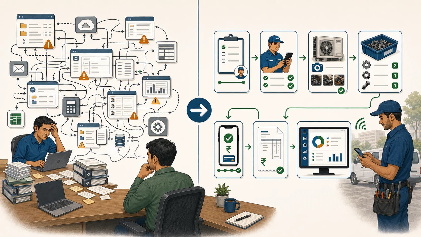 Heavy enterprise FSM stack compared with a simpler connected service workflow