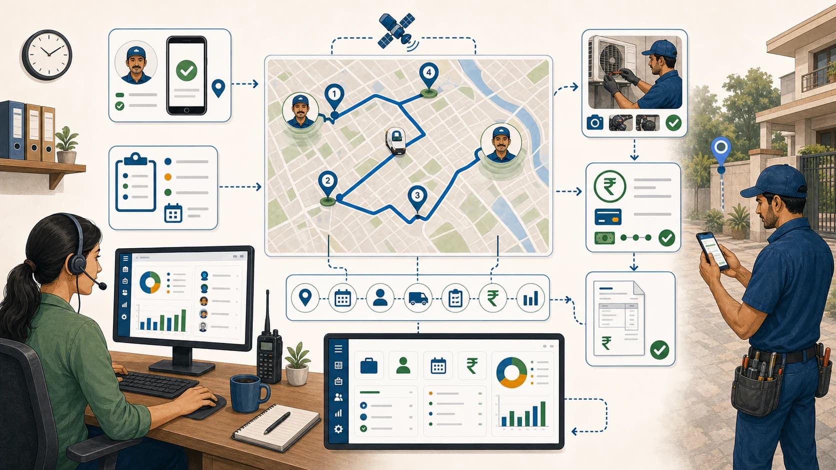 GPS-enabled field service management workflow with technician attendance, assigned jobs, route context, mobile proof, payment status, and dashboard