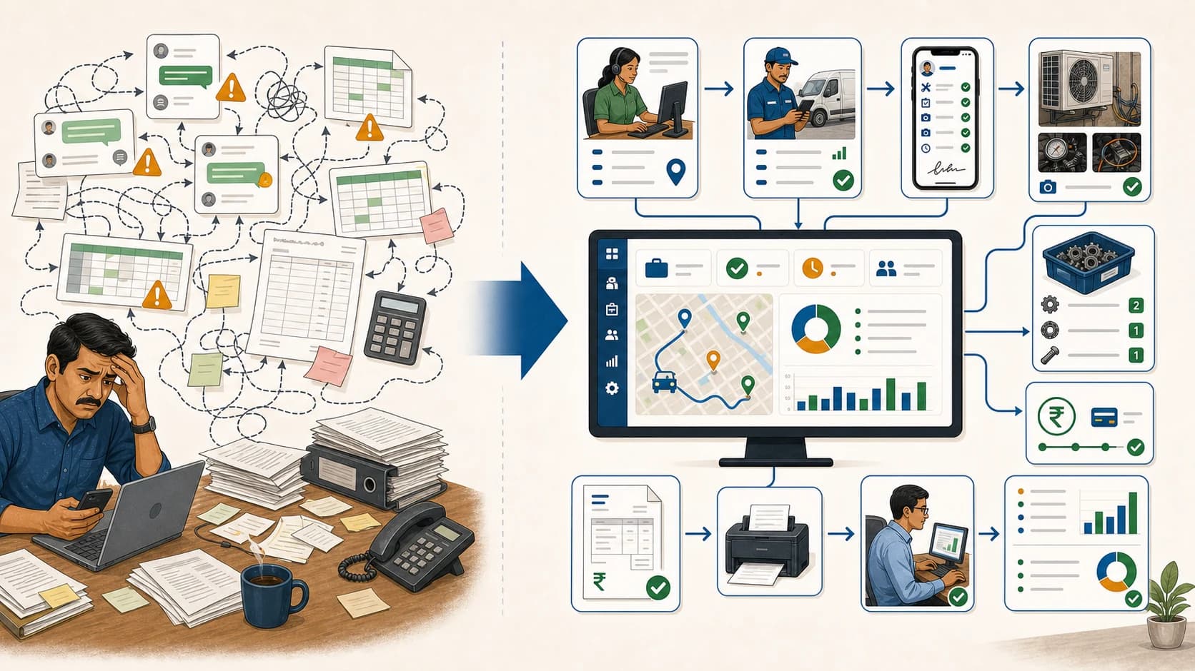 Scattered chats, spreadsheets, and accounting handoffs moving into one service workflow with jobs, proof, payments, and billing handoff