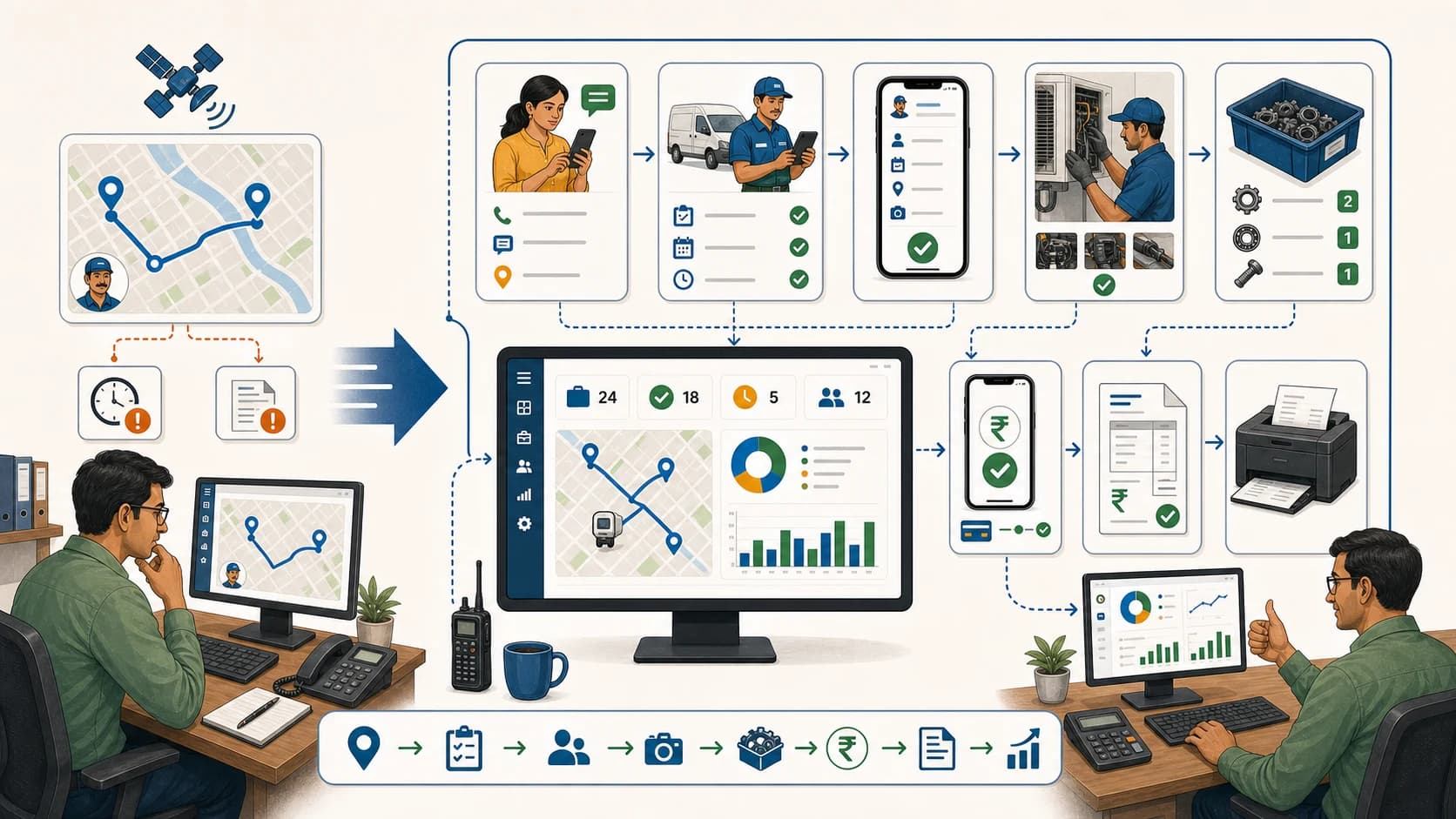Upgrade path from basic GPS tracking to full field service suite with dispatch, job cards, proof, inventory, payment status, and dashboard